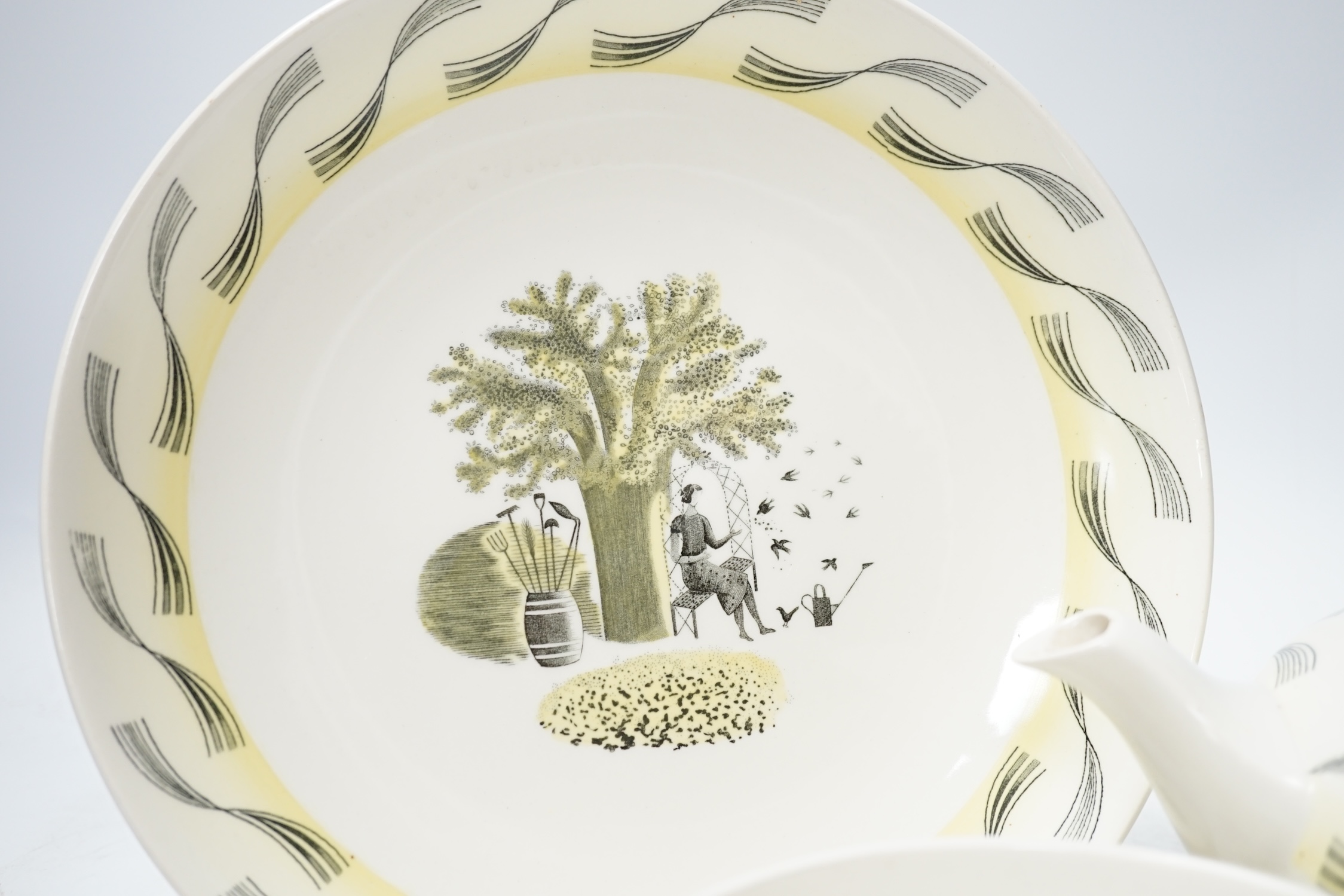 Eric Ravilious for Wedgwood, a Garden pattern teaset together with two Enoch Wedgewood cups and a dish. Condition - fair to good